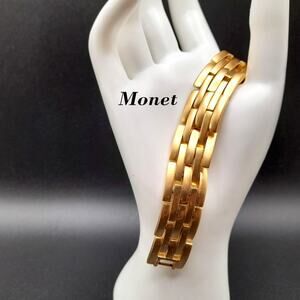 Vintage Monet Gold Plated Link Bracelet, Satin Finish, 7 1/2 Inches